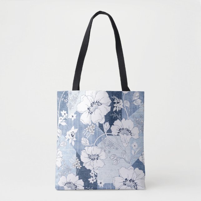 seamless denim patchwork on flower tote bag (Front)