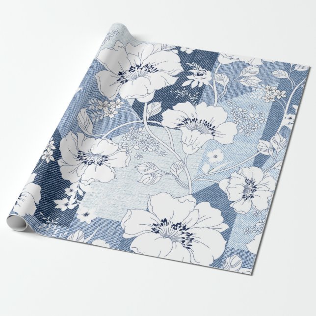 seamless denim patchwork on flower wrapping paper (Unrolled)