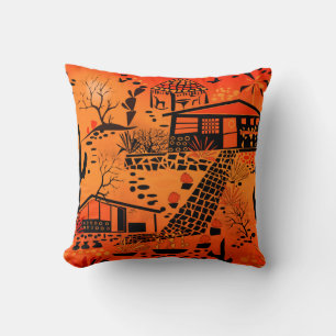 Seamless desert sand landscape houses black orange cushion