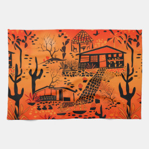 Seamless desert sand landscape houses black orange tea towel