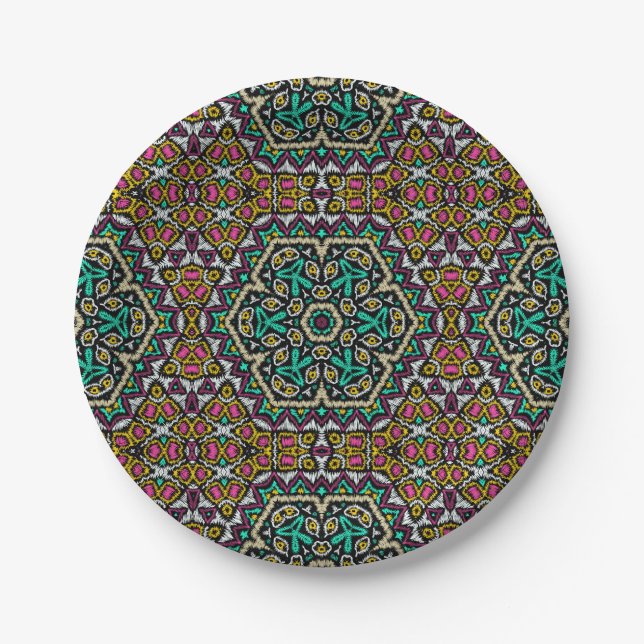Seamless embroidery tribal ethno boho ornamental t paper plate (Front)