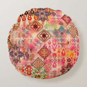 Seamless Ethnic beautiful pattern on Abstract digi Round Cushion