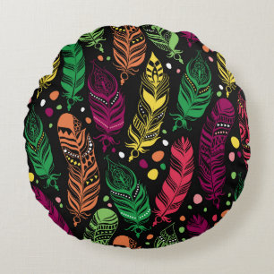 Seamless ethnic feathers, vibrant pattern. round cushion