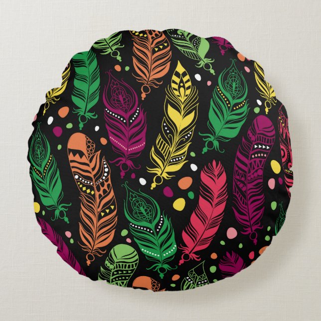 Seamless ethnic feathers, vibrant pattern. round cushion (Front)
