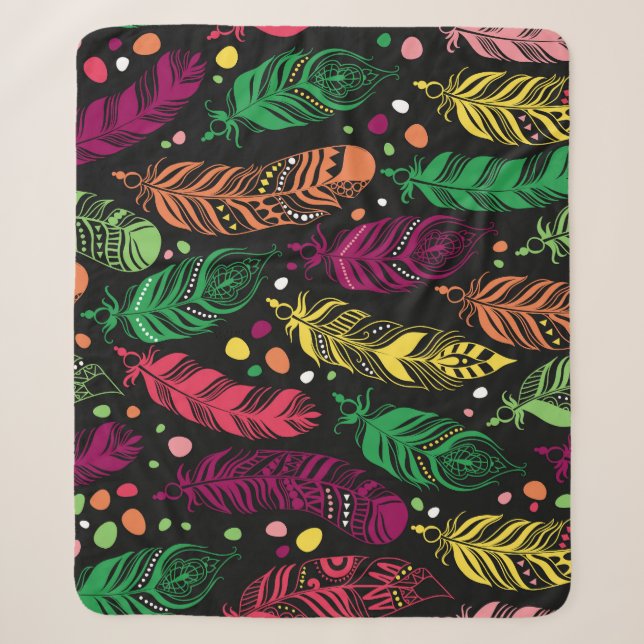 Seamless ethnic feathers, vibrant pattern. sherpa blanket (Front)