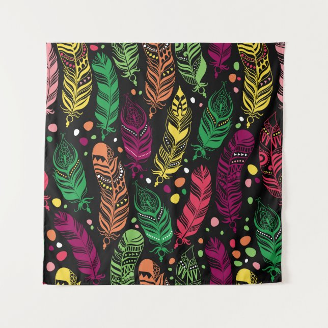 Seamless ethnic feathers, vibrant pattern. tapestry (Front)