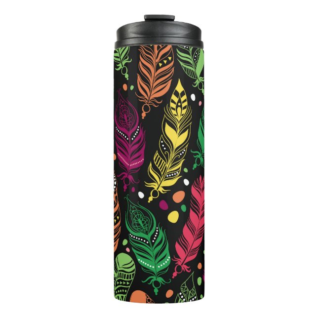 Seamless ethnic feathers, vibrant pattern. thermal tumbler (Front)