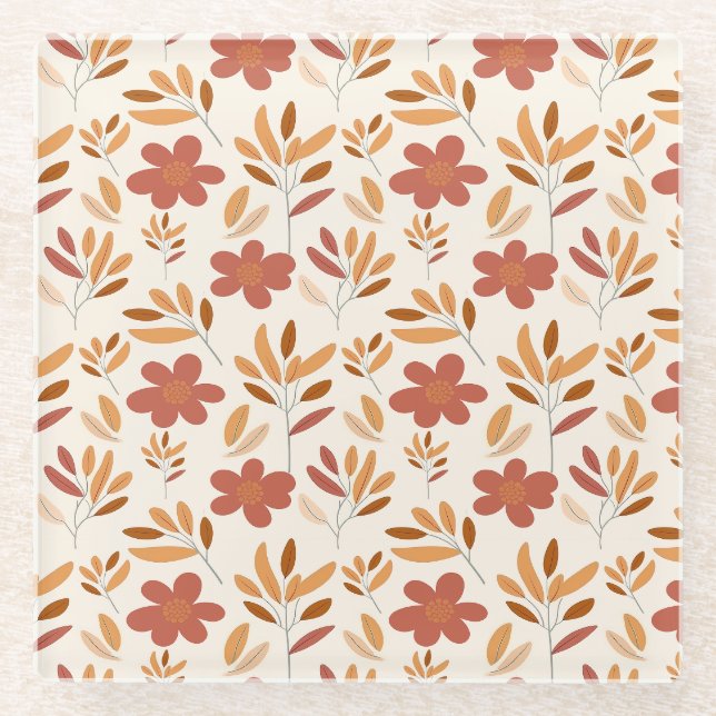Seamless Fall Autumn Floral Pattern Glass Coaster (Front)