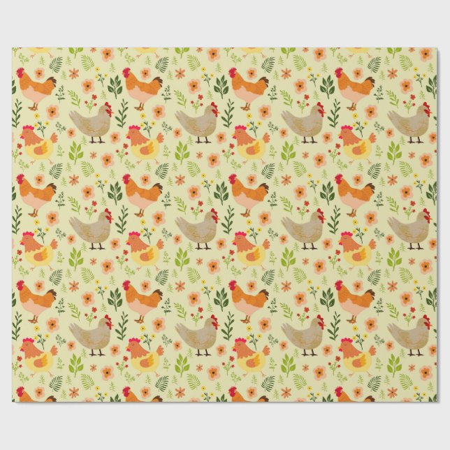 Seamless Farm Chicken and Floral Pattern Wrapping Paper (Flat)
