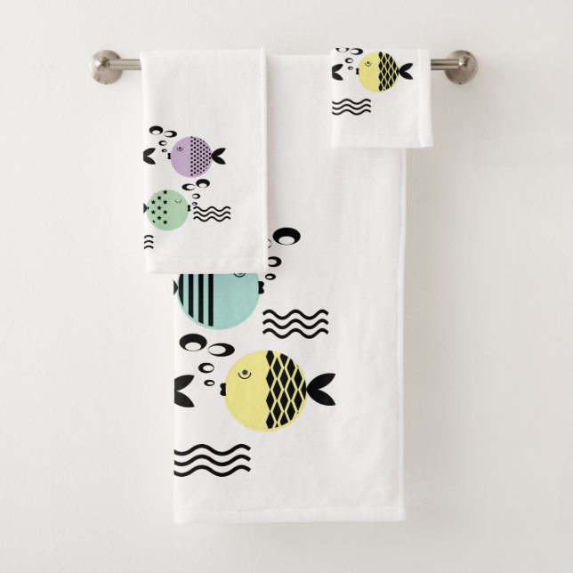 Seamless fish abstract scandinavian modern marine  bath towel set (Insitu)