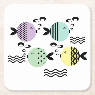 Seamless fish abstract scandinavian modern marine  square paper coaster