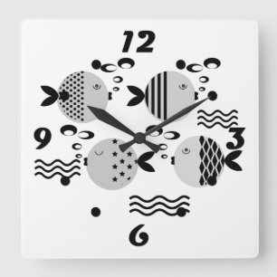 Seamless fish abstract scandinavian modern marine  square wall clock