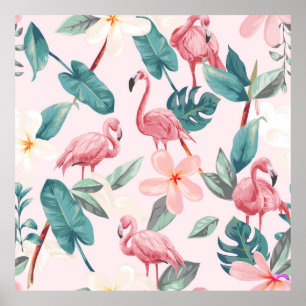 seamless flamingos and tropical flowers illustrati poster