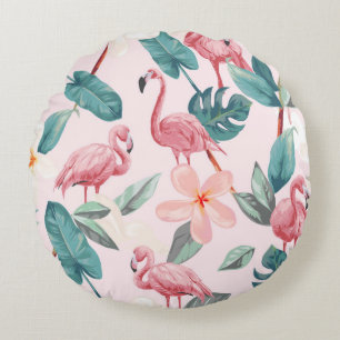 seamless flamingos and tropical flowers illustrati round cushion