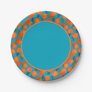 Seamless flat pattern with peaches on branches paper plate