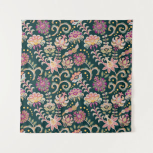 Seamless floral background. Pink flowers and leafs Tapestry