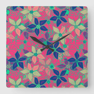 Seamless floral flowers pattern bright summer red square wall clock