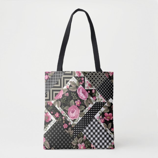 seamless floral patchwork pattern with geometrical tote bag (Front)