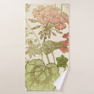 Seamless floral pattern. Green foliage,  pink gera Bath Towel
