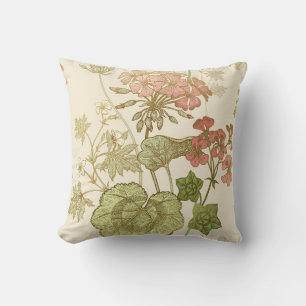 Seamless floral pattern. Green foliage, pink gera Cushion