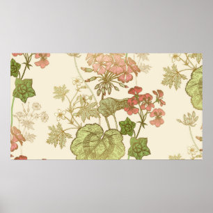 Seamless floral pattern. Green foliage, pink gera Poster