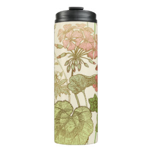 Seamless floral pattern. Green foliage,  pink gera Thermal Tumbler