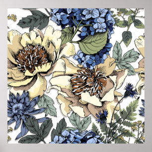 Seamless floral pattern. Hydrangea,  Peony,  wildf Poster