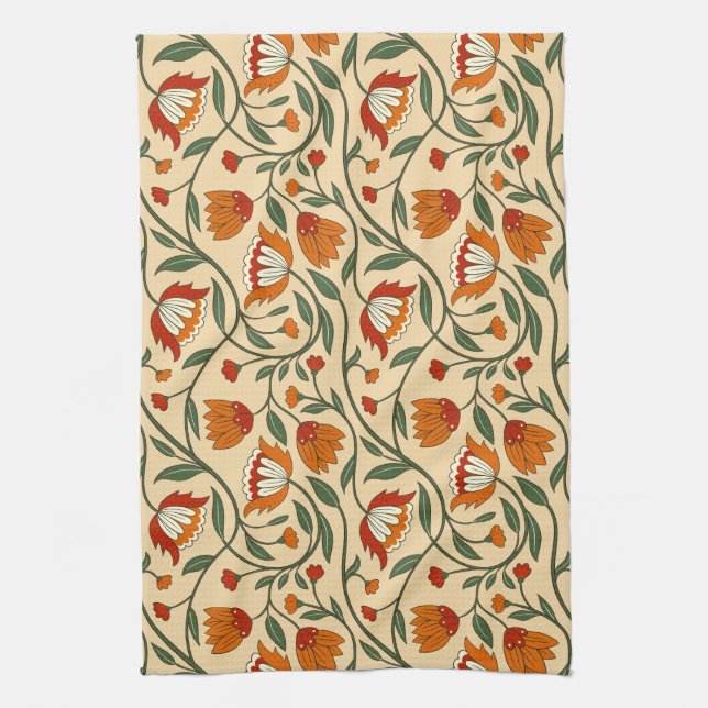 Seamless floral pattern in beige background tea towel (Vertical)
