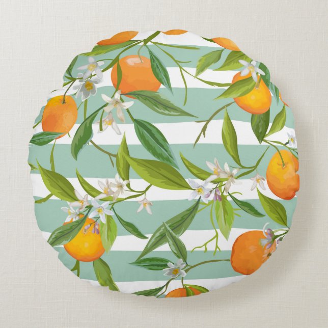 Seamless Floral Pattern. Orange Fruits Background. Round Cushion (Front)