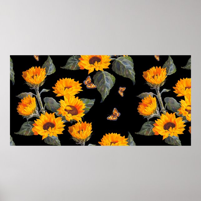 Seamless floral pattern sunflowers on black backgr poster (Front)