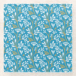 Seamless Floral Pattern: White and Gold on Blue Glass Coaster<br><div class="desc">Seamless floral pattern with white and gold stylized plants on a blue background. The design is symmetrical with a refreshing,  elegant feel.</div>