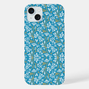 Seamless Floral Pattern: White and Gold on Blue iPhone 15 Plus Case