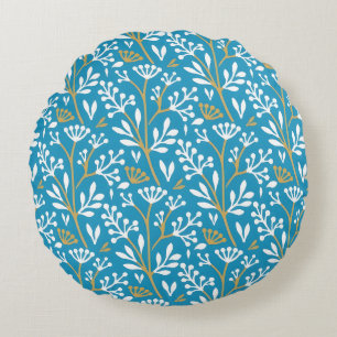 Seamless Floral Pattern: White and Gold on Blue Round Cushion