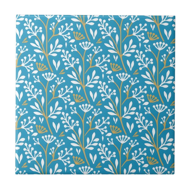 Seamless Floral Pattern: White and Gold on Blue Tile (Front)