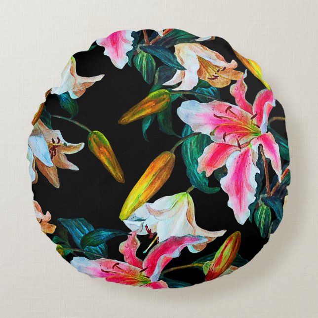 Seamless floral pattern. White and pink lily on a  Round Cushion (Front)