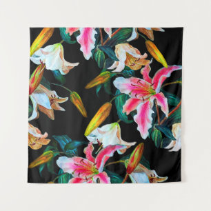 Seamless floral pattern. White and pink lily on a Tapestry