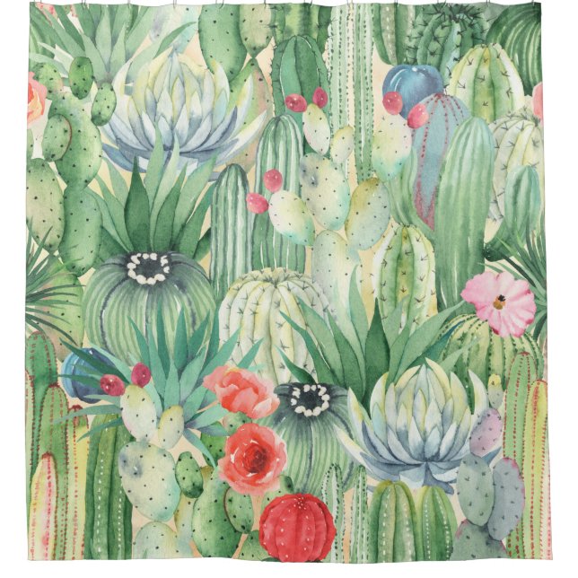 Seamless floral pattern with cacti, succulents and shower curtain (Front)