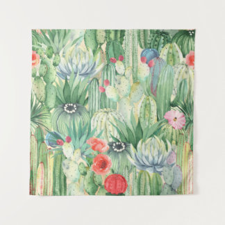 Seamless floral pattern with cacti, succulents and tapestry
