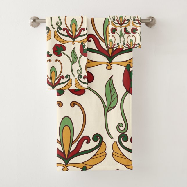 Seamless floral pattern with red and yellow  bath towel set (Insitu)