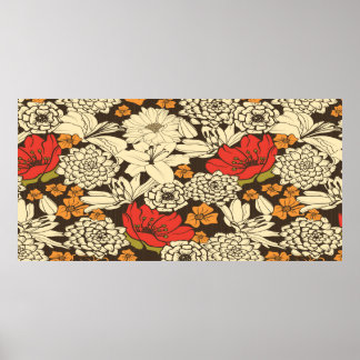 Seamless Floral Pattern With Red Flowers Poster