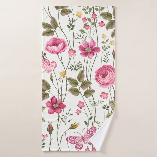 seamless floral pattern with roses and butterfly bath towel (Bath Towel)