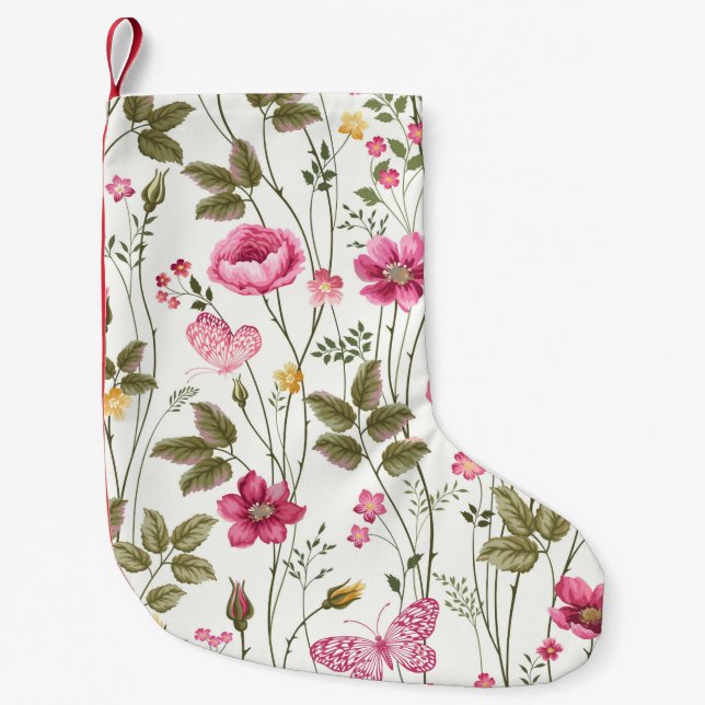seamless floral pattern with roses and butterfly small christmas stocking (Front)