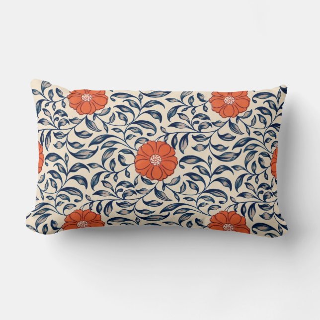 Seamless floral pattern with vibrant orange flower lumbar cushion (Front)