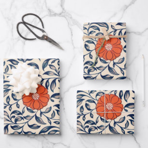 Seamless floral pattern with vibrant orange flower wrapping paper sheet