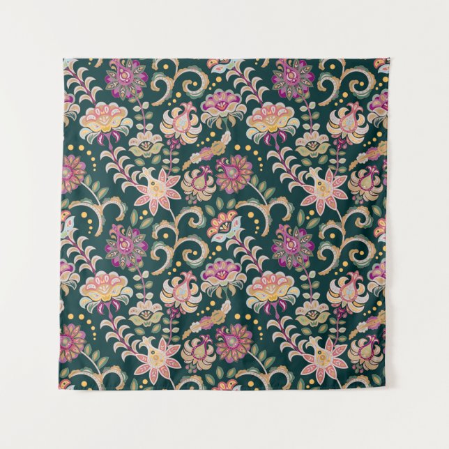 Seamless Floral Pink Dark Background Tapestry (Front)
