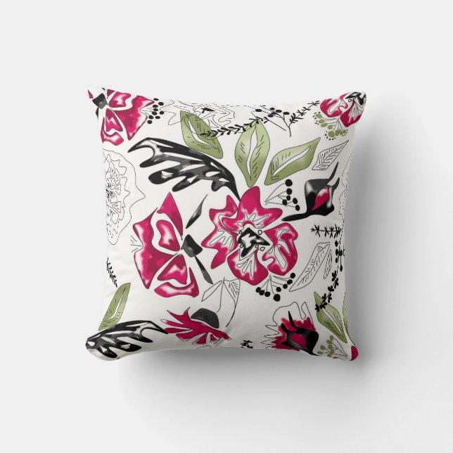 Seamless floral pink flowers green leaves sketched cushion (Front)