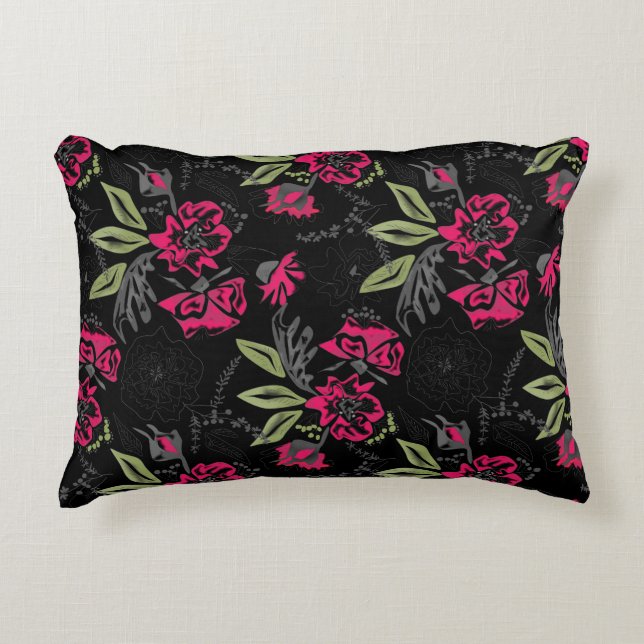 Seamless floral pink flowers green leaves sketched decorative cushion (Front)