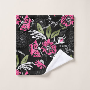 Seamless floral pink flowers green leaves sketched wash cloth