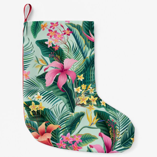 seamless floral tropical pattern with hibiscus and small christmas stocking (Front)