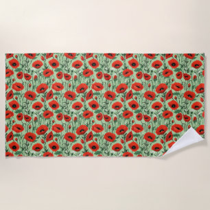 Seamless Floral With Red Poppies and White Daisies Beach Towel